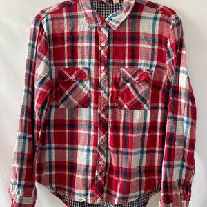 Unbranded Womens Red Long Sleeve Plaid Collared Button Up Shirt Size Large